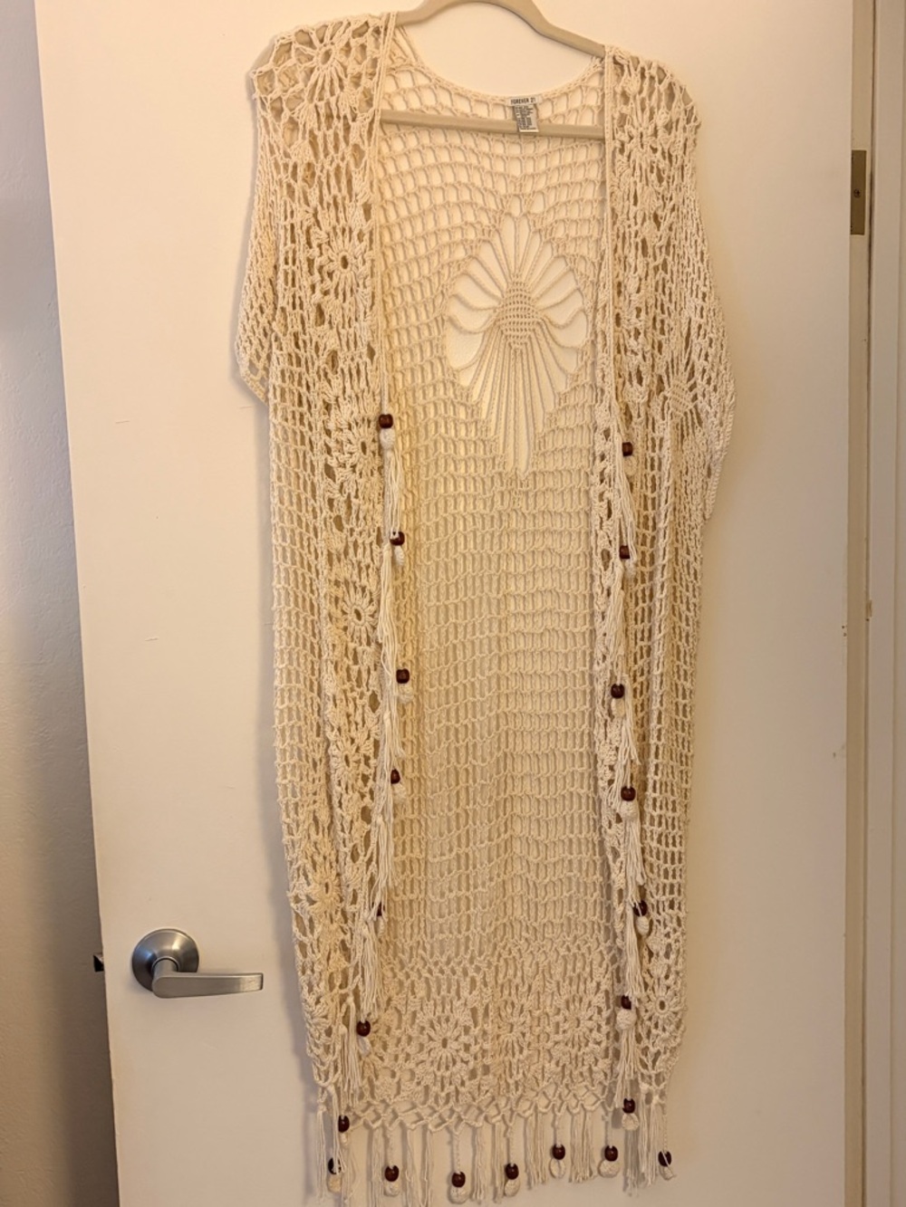 Forever 21 Cream Crochet Longline Openwork Kimono Vest with Bead Fringe